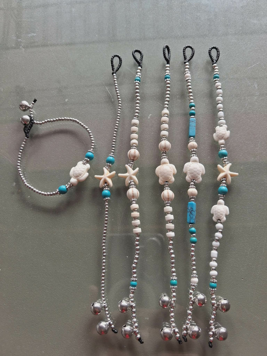 Turquoise White Silver Beaded Sea Turtle & Starfish Bracelet / Anklet