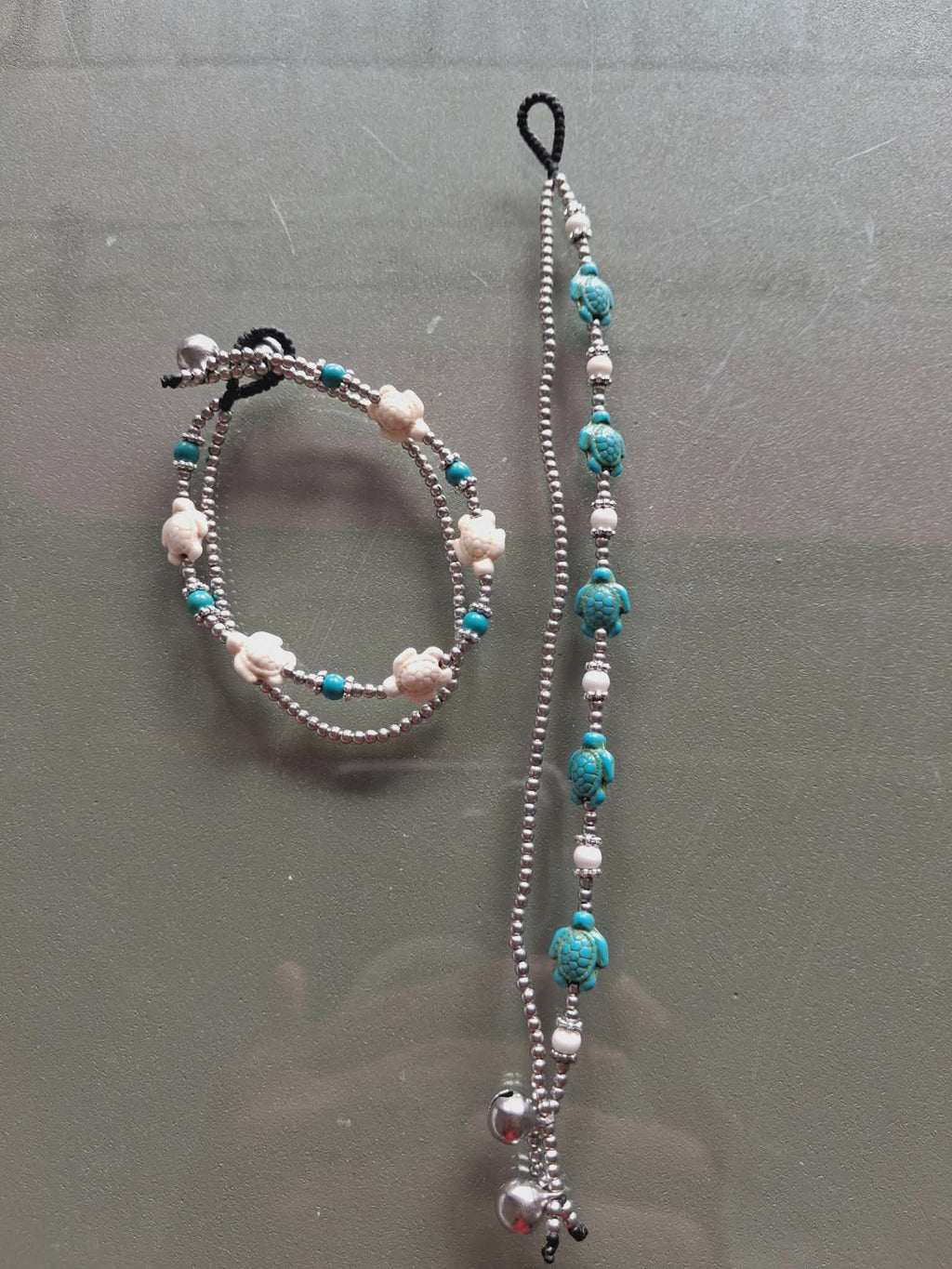 Double Strand Turquoise & White Sea Turtle Beaded Bracelet / Anklet