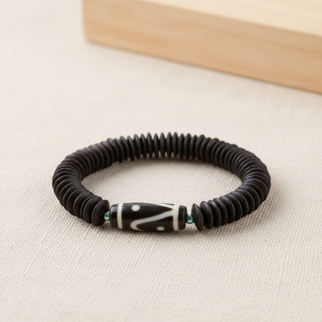 Mekong Bracelet Dzi Stone — handcrafted coconut shell bracelet with Dzi stone focal bead