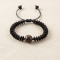 Mekong Bracelet Candle Rope Carved Wood — adjustable handcrafted coconut shell bracelet with carved wood focal bead
