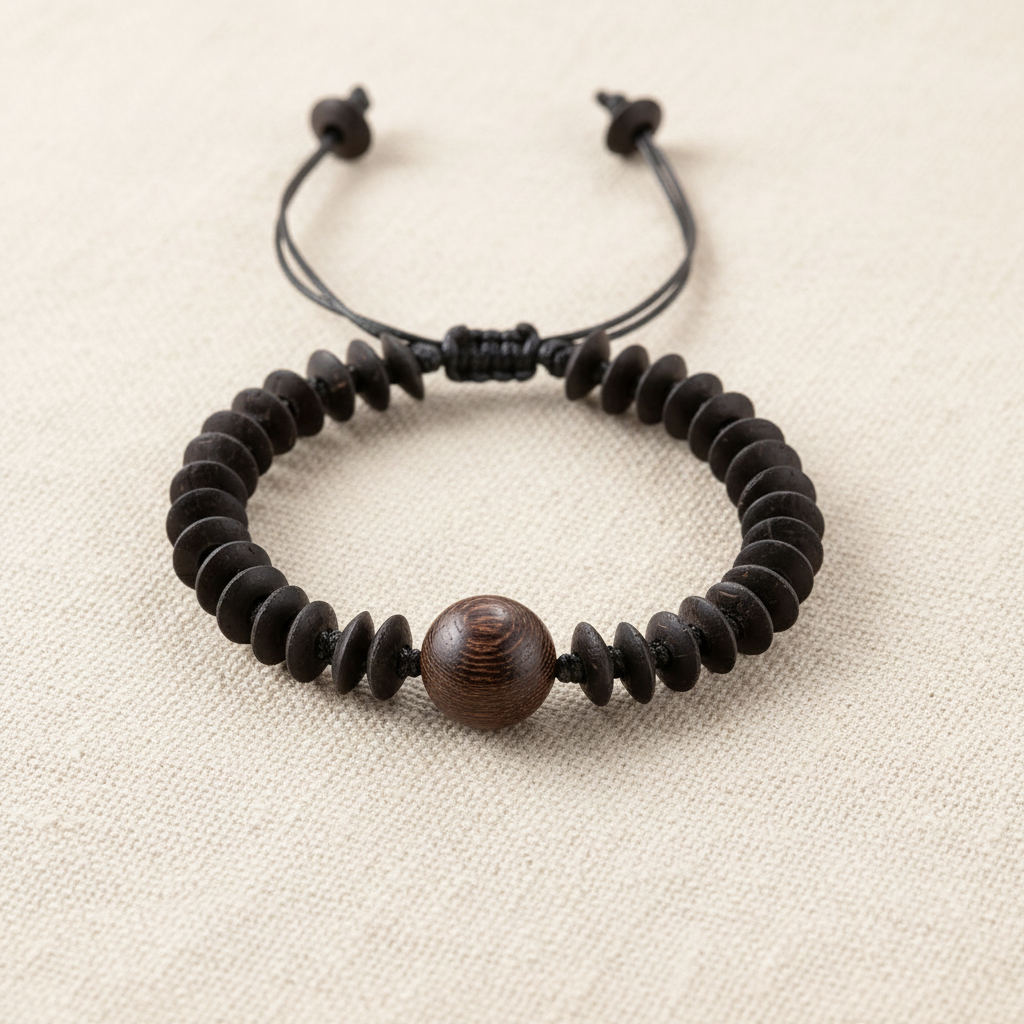 Mekong Bracelet Candle Rope Carved Wood — adjustable handcrafted coconut shell bracelet with carved wood focal bead