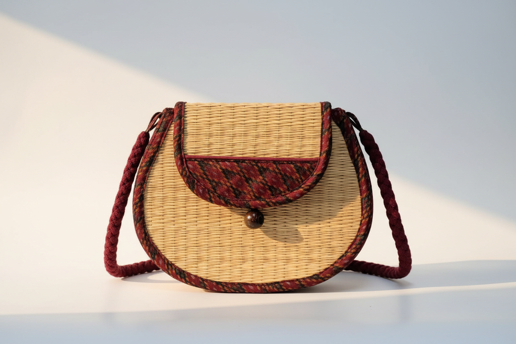 Chantao Burgundy Rattan Saddle Bag — front view with burgundy woven rope strap