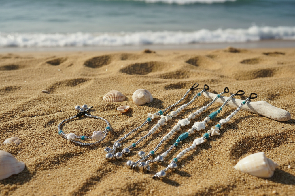 Lifestyle photo of double strand turquoise sea turtle beaded bracelet and anklet on a sandy beach with ocean waves in the background