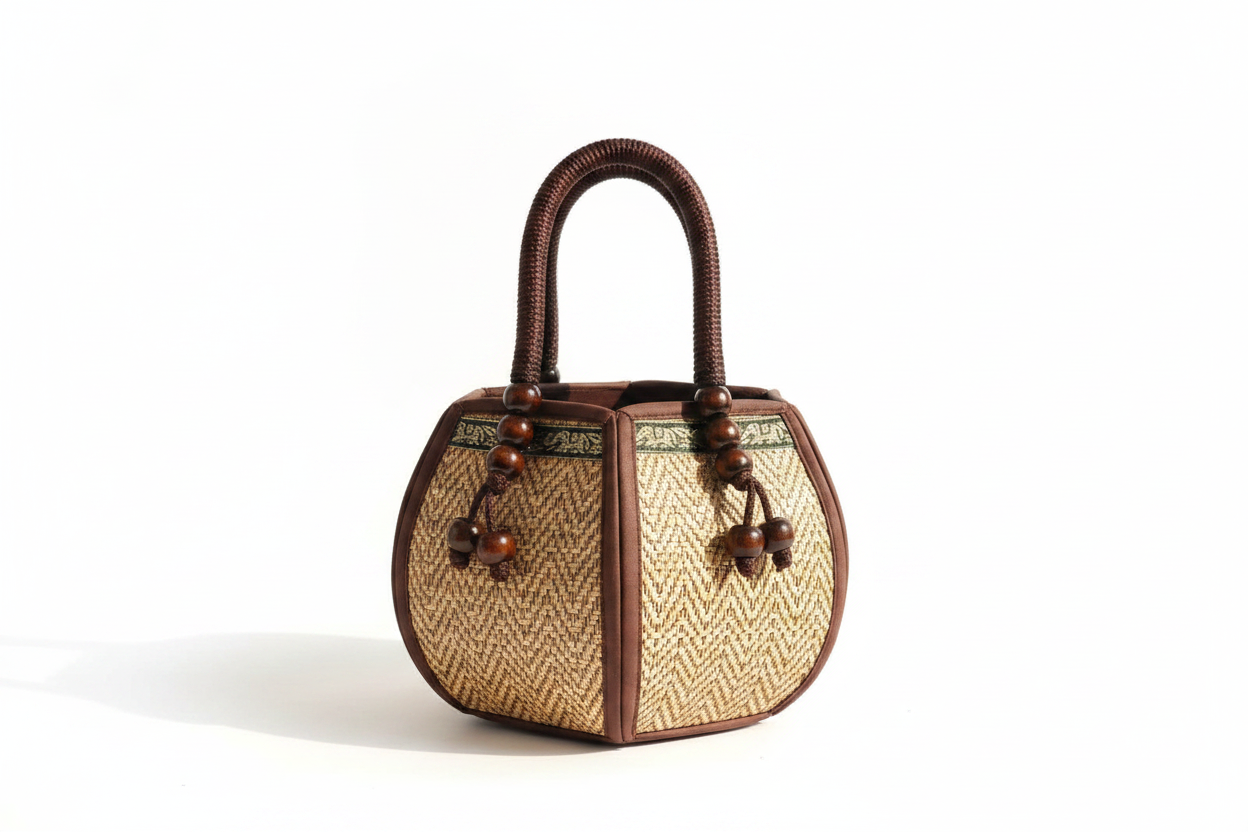 Chantao Hex Rattan Bag — front view showing hexagonal structure and wooden bead accents