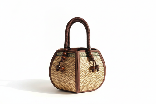 Chantao Hex Rattan Bag — front view showing hexagonal structure and wooden bead accents