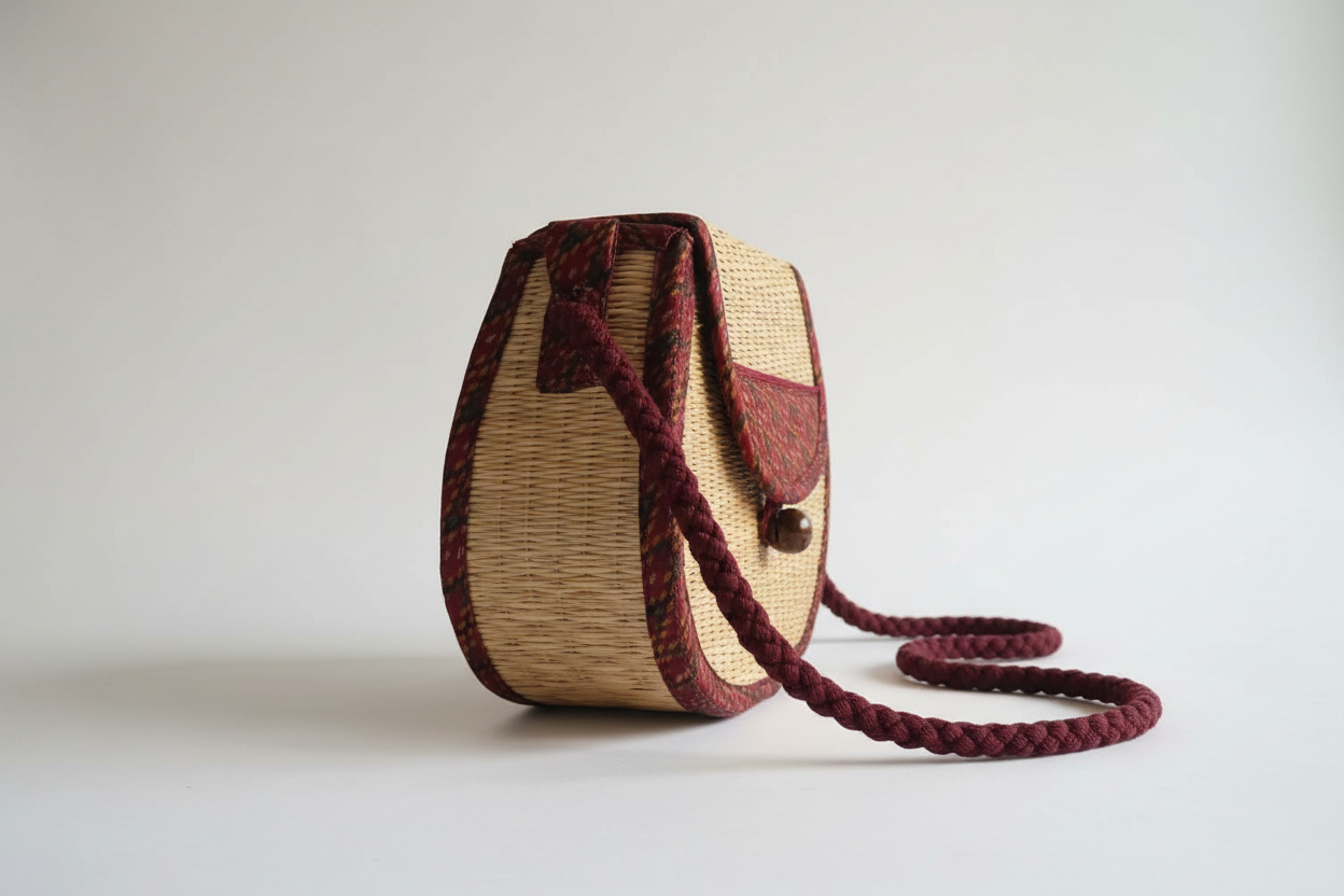 Chantao Burgundy Rattan Saddle Bag — side view with burgundy woven rope strap