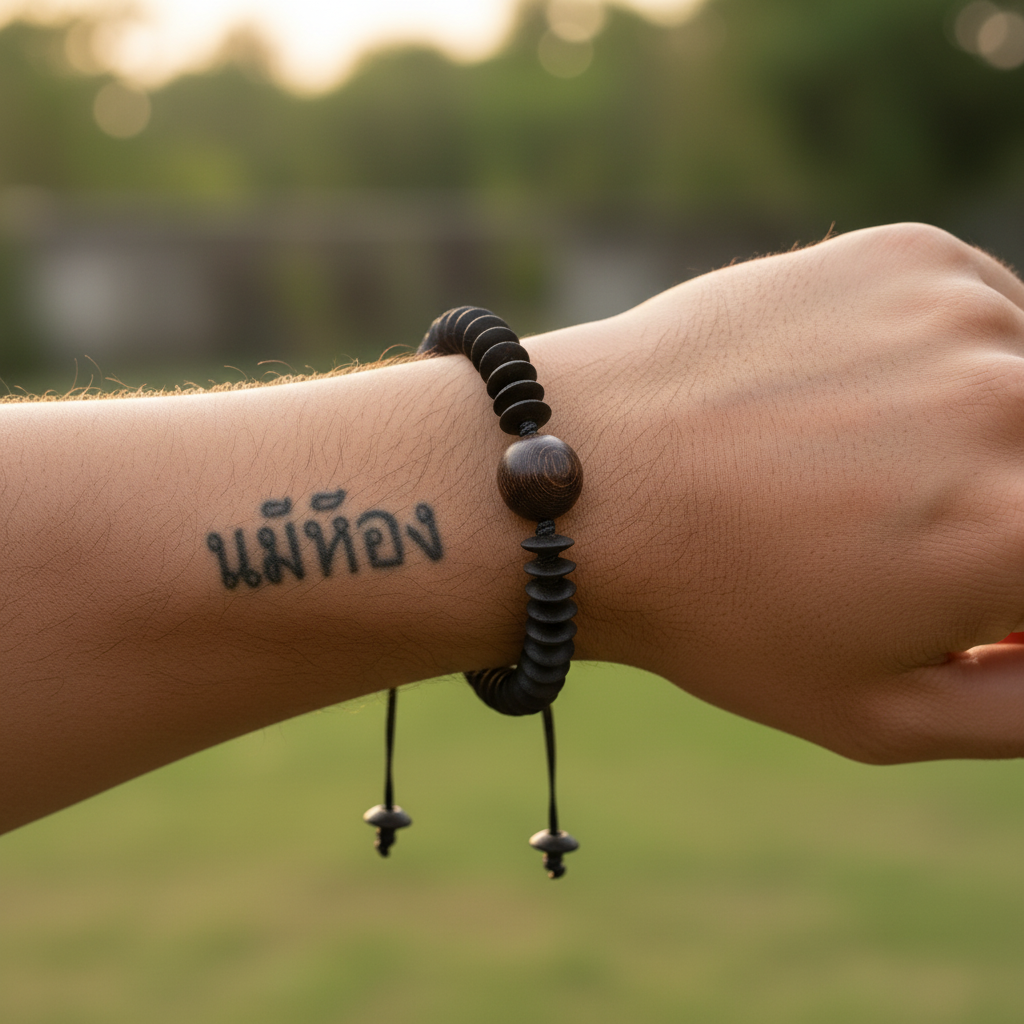 "Mekong Bracelet Candle Rope Carved Wood worn on wrist"