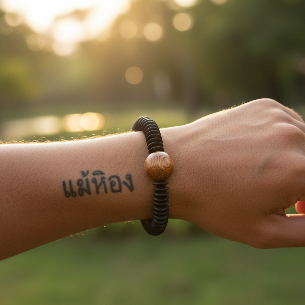 "Mekong Bracelet Carved Wood worn on wrist"