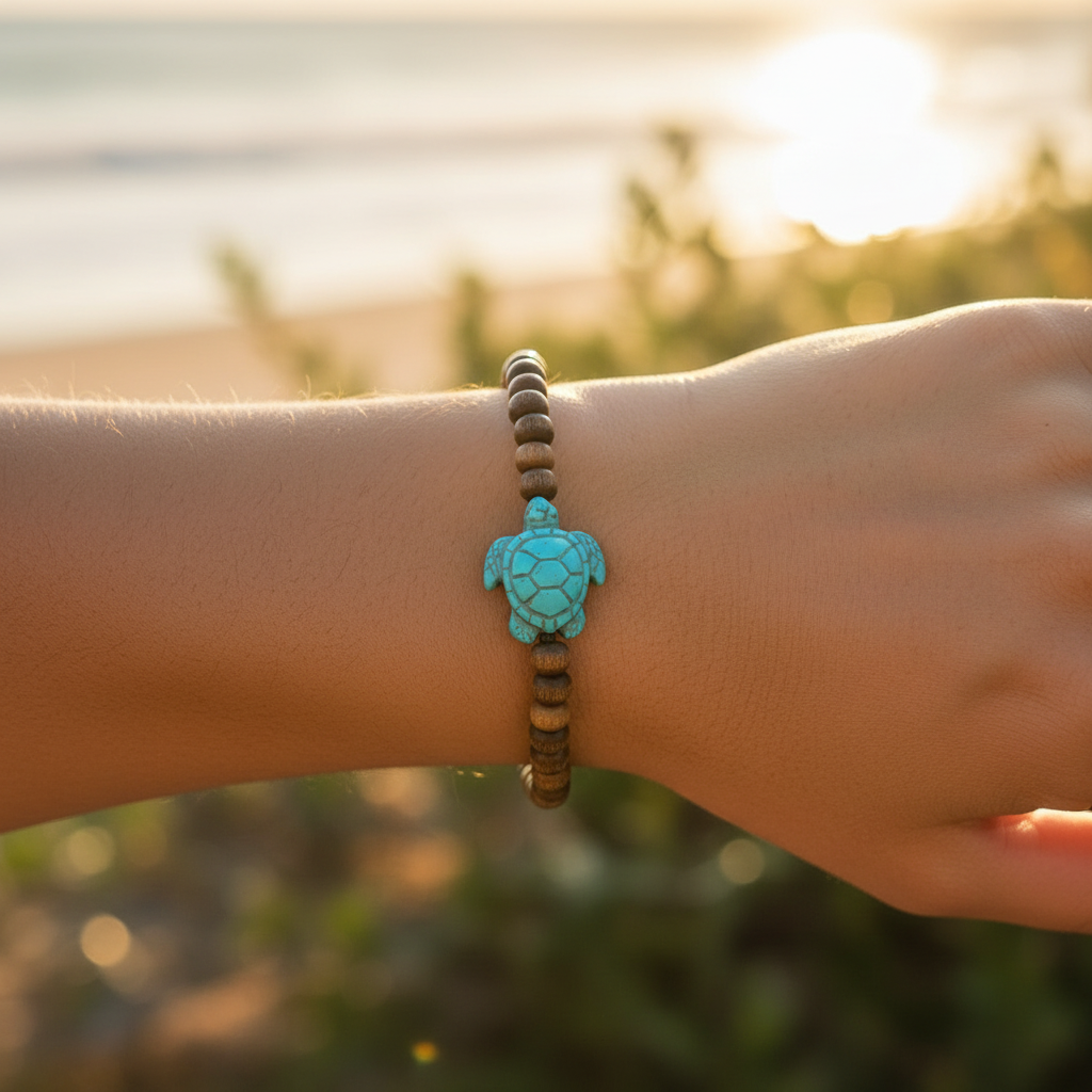 "Wang Hin Natural Coconut Shell Turtle Bracelet worn on wrist"